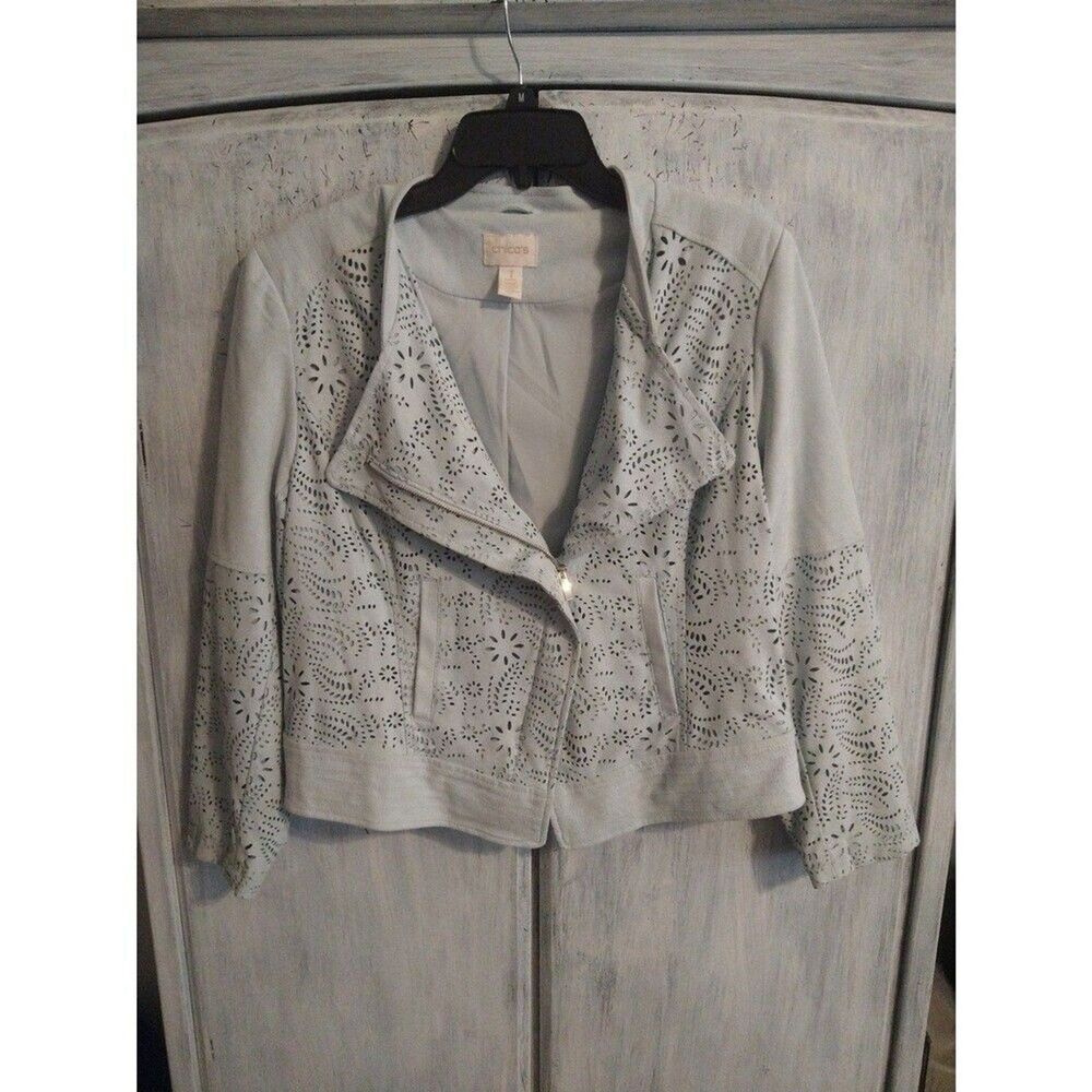 Chico's zip up embroidered jacket size 1 petite blue Boho cottage core feminine